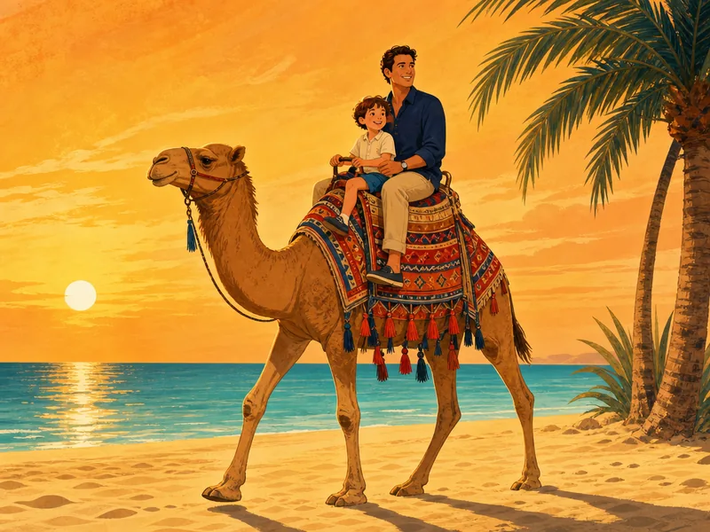Illustration : un père et son fils à dos de chameau sur la plage, au coucher du soleil