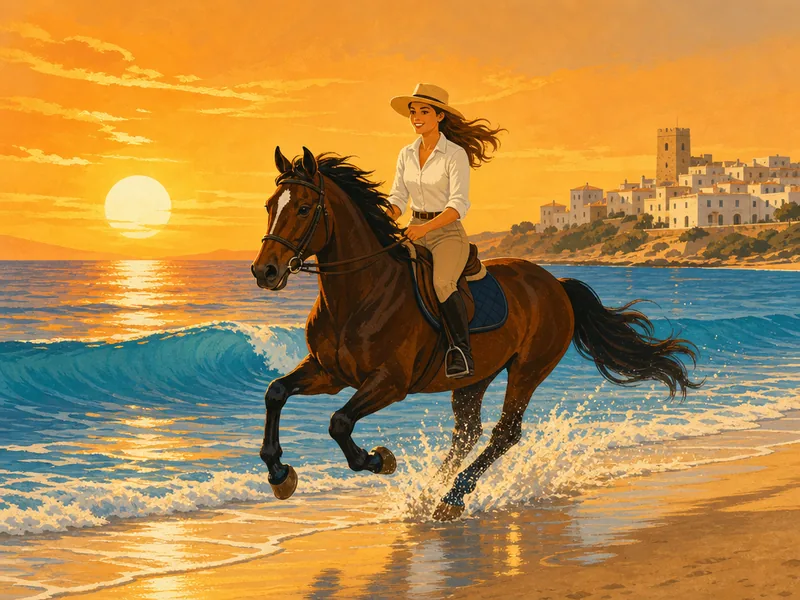 Illustration : cavalière au galop au bord de l'eau